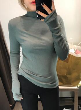洋气修身高弹力保暖显瘦半高领打底衫T恤女长袖螺纹内搭剪边设计