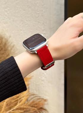 iwatch表带秋冬天女款新年红色丝绒真皮适用苹果手表s987se高级感