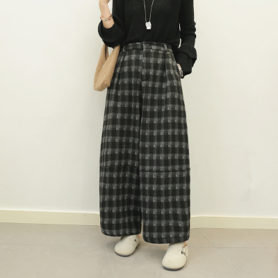 九分阔腿裤宽松呢子女厚加绒格子