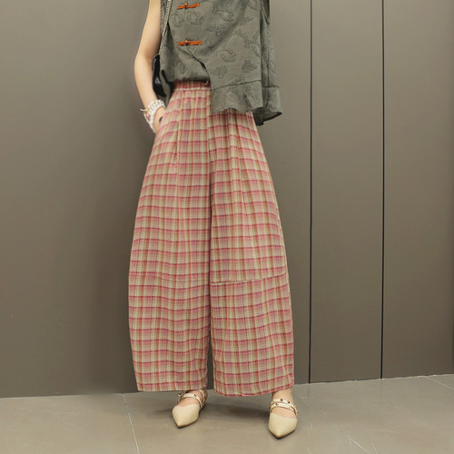 阔腿裤直筒宽松九分女格子棉