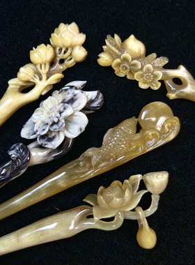 3/一物一拍花类天然角质品发簪古风手工制作雕刻日常盘头发钗
