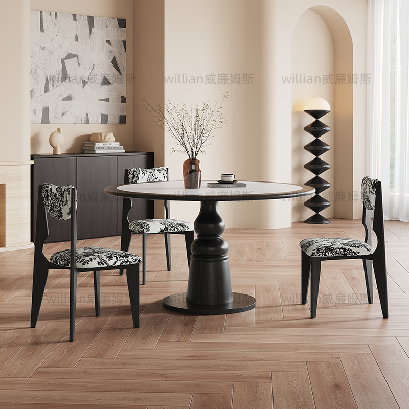 实木包边餐桌圆形岩板