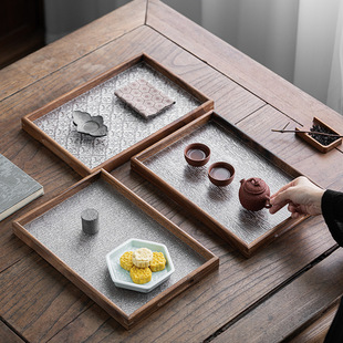 日式胡桃木窗花托盘实木功夫茶具茶盘干泡盘点心盘果盘玻璃盘家用