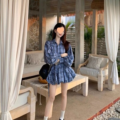 miu系穿搭蓝格子衬衫女春季美式学院风衬衣外套+蓬蓬花苞裙裤套装