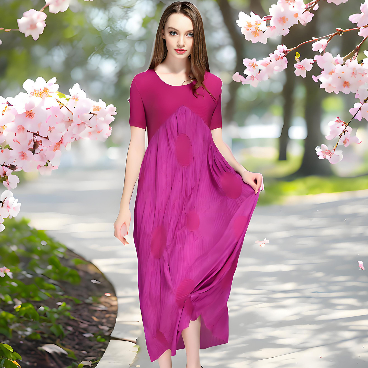 群主女夏连衣裙褶皱短袖拼接圆圈高级感中年妈妈气质名媛长款裙子