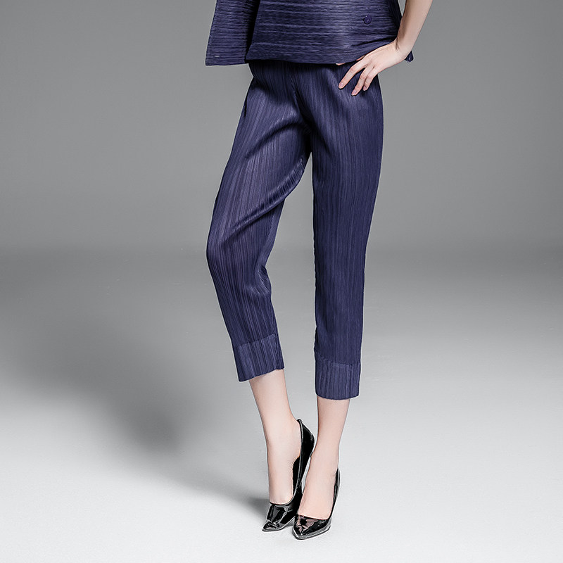 直筒裤褶皱九分裤夏季均码显瘦百搭休闲女裤三宅裤脚翻边开叉裤子