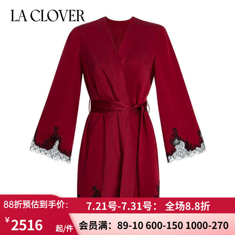 桑蚕丝短睡袍晨袍女大红色婚礼