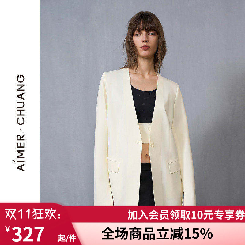 爱慕·CHUANG穿梭7外穿女士秋冬双面布无领收身西服上衣CA811431