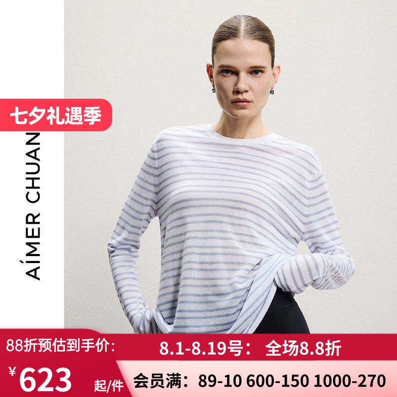 AIMER CHUANG馈然7春夏女针织圆领长袖休闲宽松上衣CA722232