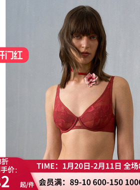 爱慕·CHUANG玫瑰4内衣女4/4轻薄杯大胸显小红色文胸CA131401