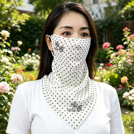 波点三角巾冰丝防晒面罩珍珠挂耳女夏季遮阳护颈磁吸雪纺面纱印花