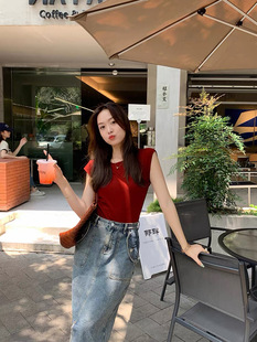 美洋气质欧尼桑蚕丝T恤法式优雅修身短款袖时尚百搭显瘦无袖上衣