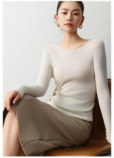 显瘦质感打底衫 新品 修身 长袖 女 一字领天鹅颈无缝杨子纱针织羊绒衫