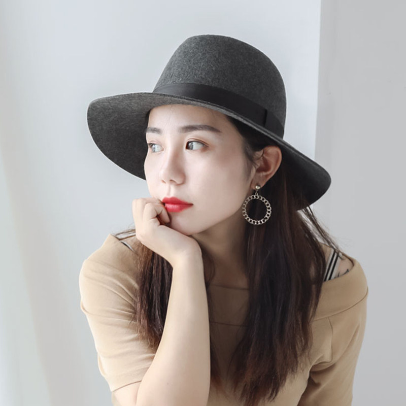 日系小清新百搭羊毛呢宽边礼帽女爵士帽子驼色新款秋冬天韩版保暖