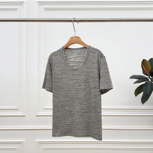 日常松弛感神器 垂顺抗皱 T261X071 透气清爽 亚麻条纹低圆领T恤