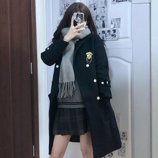川岛田家原创jk制服秋冬季中长款大衣外套女生短款毛呢外套小个子