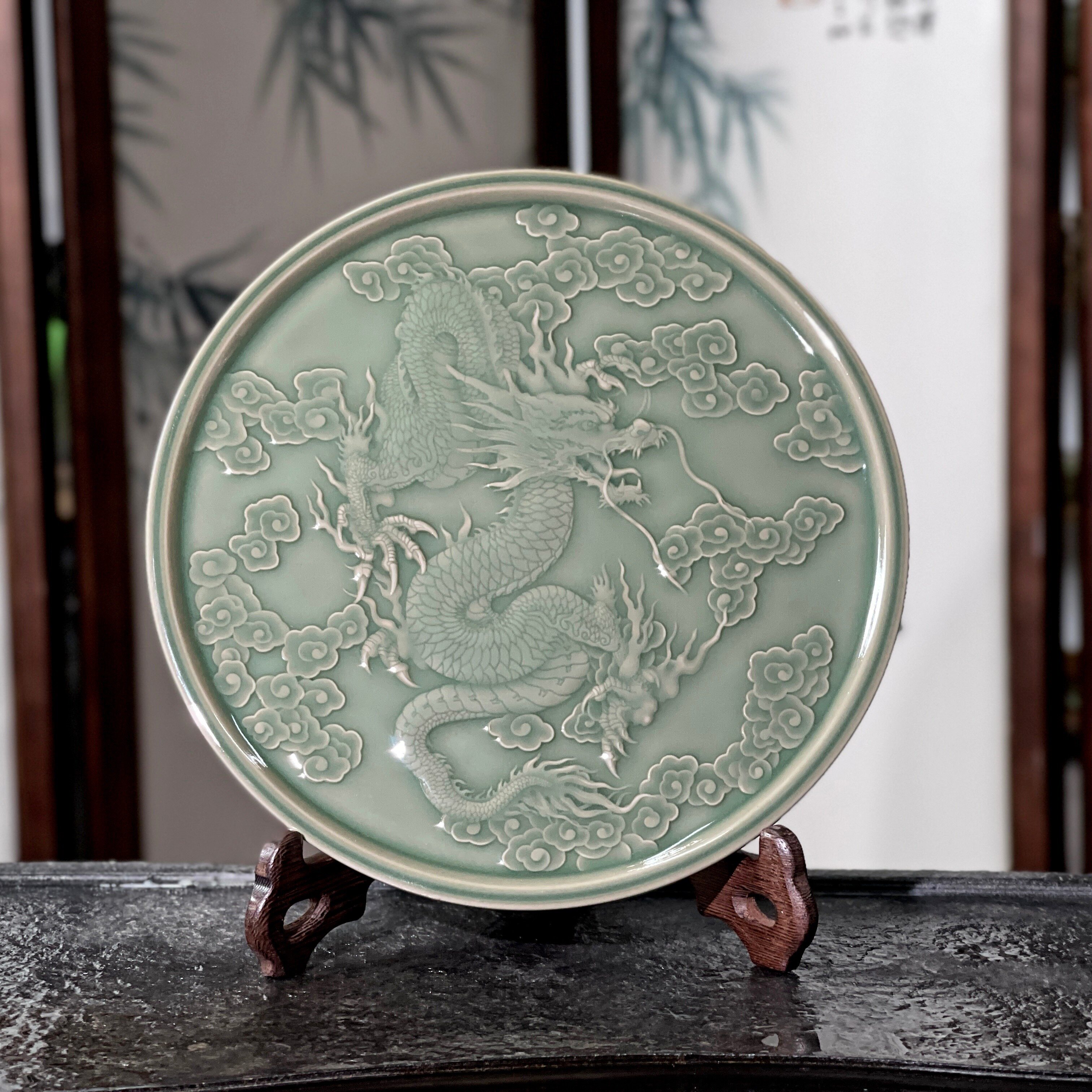 耀州窑天青秘色中国风半手工青釉浮雕茶泡台壶承点心盘云从龙茶盘