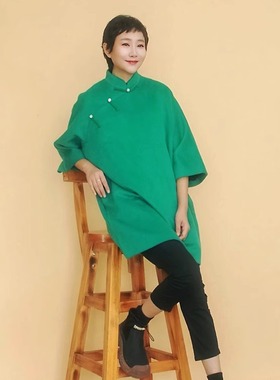 姜欢设计 春秋款绿色羊毛呢子中式斜襟7分袖宽松版型外套上衣