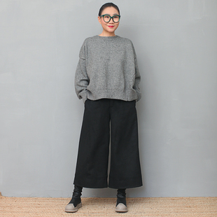 姜欢原创设计 羊毛呢子加厚带衬8分阔腿裤春秋冬三季可穿 黑