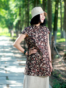 姜欢设计夏款日本进口纯棉印花中式旗袍式斜襟小肩型上衣 素琴