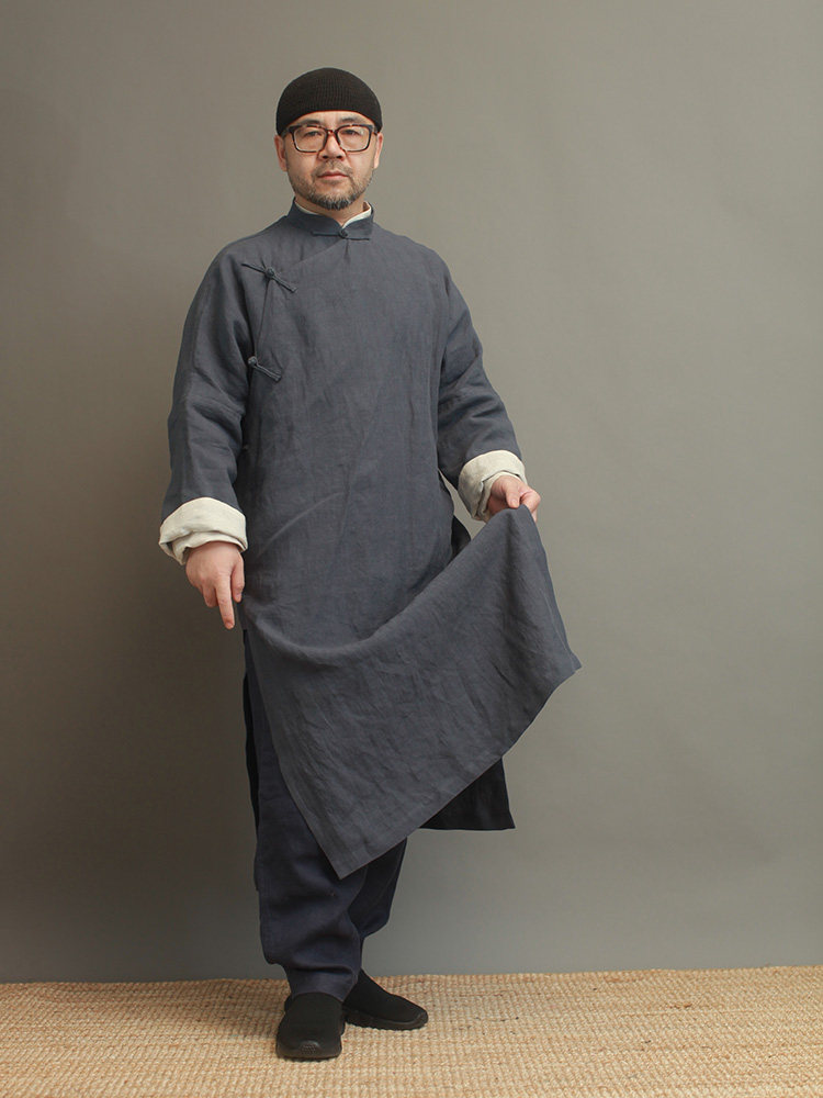 姜欢原创设计复古男款鹊灰色纯麻中式盘扣立领长衫大褂中国风长袍