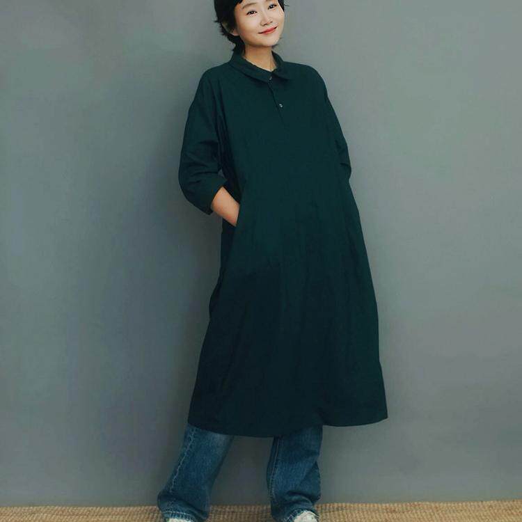 宽松长款墨绿色连衣裙