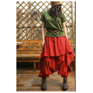 布麻范原创设计文艺范美院派超拉风纯麻布红色休闲胯裆裤