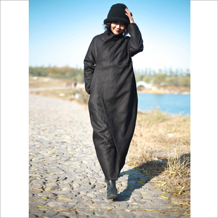 布麻范原创设计美院派艺术系气质款黑斜襟长棉袍 纯律 黑