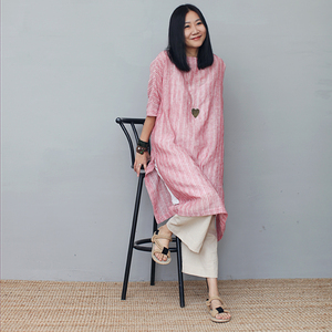 姜欢J&H原创设计 艺术系亚麻色织条薄款清爽罩衫