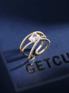 个性设计感交叉线条开口锆石戒指