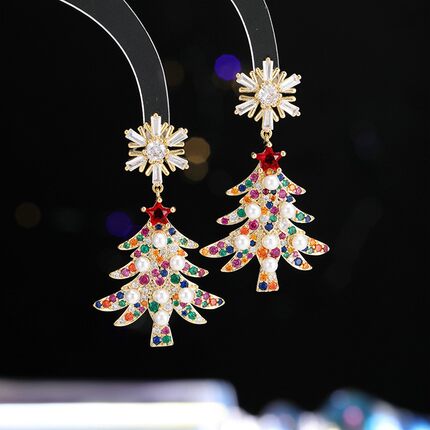 韩国风格重工彩锆圣诞树耳饰铜镶锆流苏耳坠银针个性花朵树枝耳环