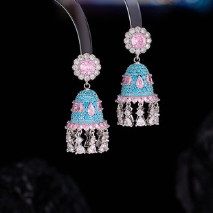 民族风创意重工彩锆复古耳饰铜镶锆石宴会流苏风铃冰花橄榄枝耳环