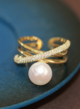 韩版开口戒指时尚天然珍珠可调节