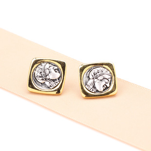 新款 欧美个性复古宫廷风古币耳环头像双色金925银针耳坠耳钉女款