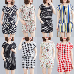 棉绸套装女时尚外穿短裤夏季两件套短袖妈妈薄款大码印花波西米亚