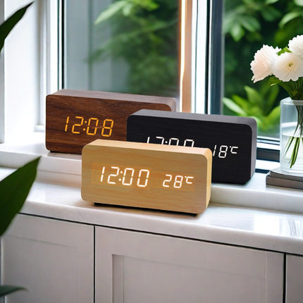 led木头钟电子时钟 创意木质数字钟 声控温度计电子闹钟