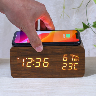 智能无线充时钟温湿度计电子闹钟LED时钟数字木质电子钟