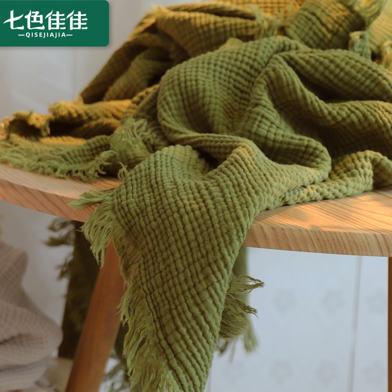 绿色全棉纱布盖毯空调夏季流苏毛巾被午睡床上铺单人成人四季通用