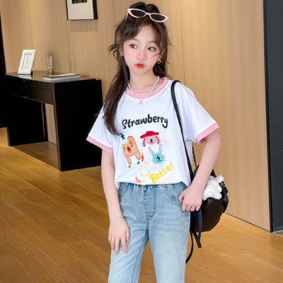 俏呀呀夏季休闲B类棉短袖卡通图案圆领设计夏日出行穿搭一件代发