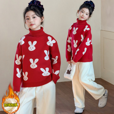 女童冬季毛衣2025新款儿童装加绒加厚保暖中大童高领针织毛线衫