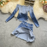 Джинсовая мини-юбка, осенняя куртка, комплект, открытые плечи, подходит для подростков