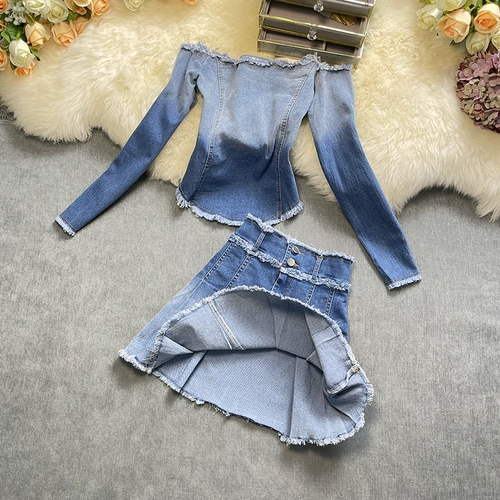 Джинсовая мини-юбка, осенняя куртка, комплект, открытые плечи, подходит для подростков