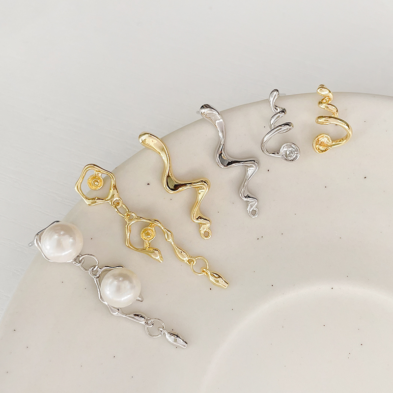 18k铜镀真金保色波浪不规则巴洛克带吊耳钉diy手作珍珠耳饰配件