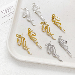 14k铜包金保色镀真金丝带蝴蝶结耳钉s925银针单吊diy手工耳饰配件