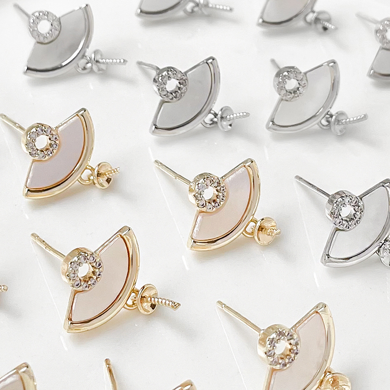 贝母镶锆石扇形耳钉铜镀真金配件