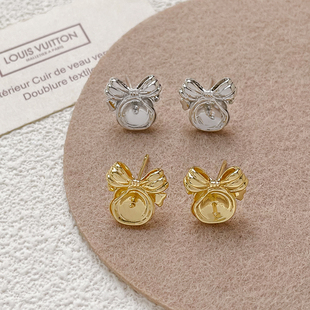 18K铜包金保色蝴蝶结圣诞铃铛耳钉珍珠托耳饰耳环珍珠耳钉配件