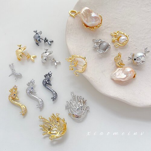 保色18k合集巴洛克珍珠配件天鹅蝴蝶蜗牛鱼diy手工插针吊坠串饰品