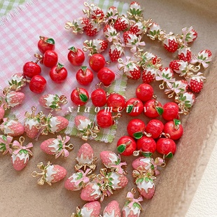 蝴蝶结双色草莓可爱立体仿真苹果合金挂件diy手工手机链饰品配件