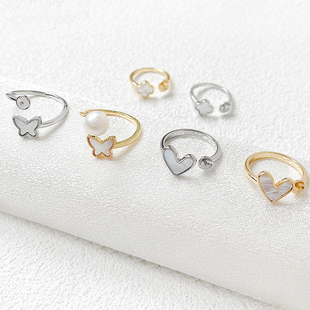 铜镀真金保色18k金蝴蝶四叶草贝母戒指托diy手工戒指指环配件