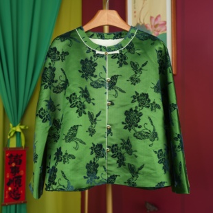 翡翠绿漳绒缎外套纯手工熟丝外套漳缎